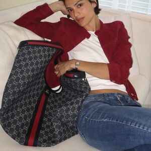 Designer Monogram Cotton Denim Large GiG Tote w/Red & Navy Classic Trim